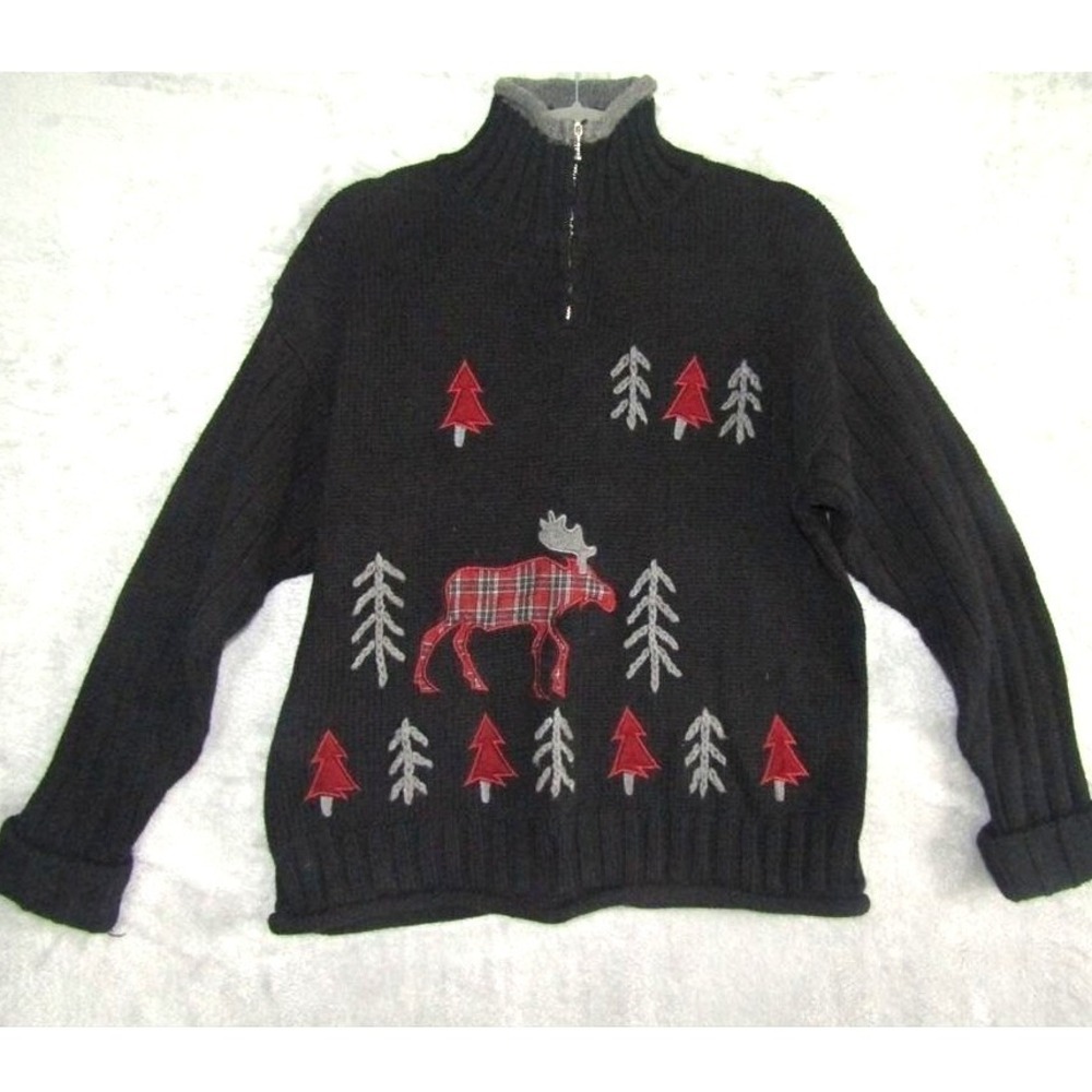 Timberlea Moose Christmas Sweater Trees Plaid Applique Knit Black Zip M Outdoor
